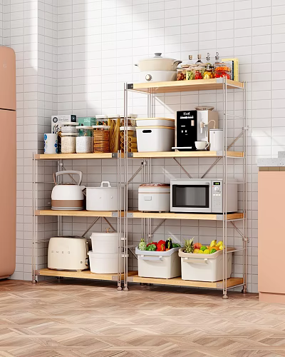 Practical Kitchen Storage Shelving Unit with Microwave Rice Cookers Storage Containers Vegetables and Jars 3d model