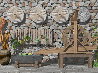 Rustic Courtyard Garden Featuring Stone Wall Stone Wheels Wooden Water Wheel And Green Plants 3d model
