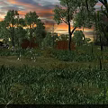 Lush Tall Reed Field Natural Scenery With Soldiers Marching Through Under Bright Blue Smoky Sky
