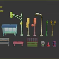 Urban Street Furniture Collection With Traffic Lights Lamps Bus Stop Benches Trash Bins Fire Hydrant