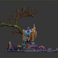 Enchanting Fantasy Scene With Twisted Tree House Blue Water Area Colorful Stones And Glowing Ornaments