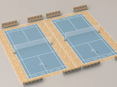 Two Blue Tennis Courts With Wooden Flooring and Spectator Seats For Sports Fitness 3d model