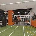 Fitness Studio Interior With Orange Gray Walls Central Circular Workout Area And Motivational Wall Art