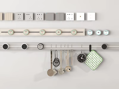 Modern Switch Panel Design Neutral Tones Wall Arrangement With Kitchen Utensil Hooks Clock Checkerboard Mat 3d model