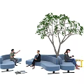 Blue Curved Sectional Sofa With People Sitting Large Tree Magazines And Side Table 3d model