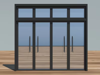 Modern Black Frame Sliding Glass Door With Transparent Panels And Wooden Floor 3d model