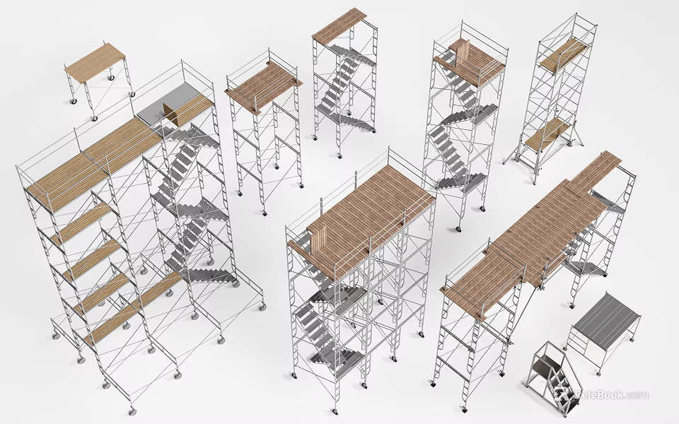 Various Types Of Industrial Scaffolding Equipment With Metal Frames And Wooden Platforms 3d model 