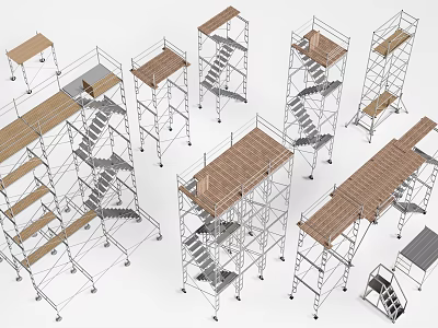 Various Types Of Industrial Scaffolding Equipment With Metal Frames And Wooden Platforms 3d model