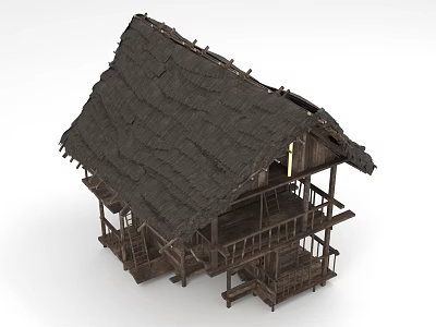 Traditional Two Story Wooden House With Thatched Roof And Wooden Balcony Staircase 3d model
