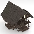 Traditional Two Story Wooden House With Thatched Roof And Wooden Balcony Staircase