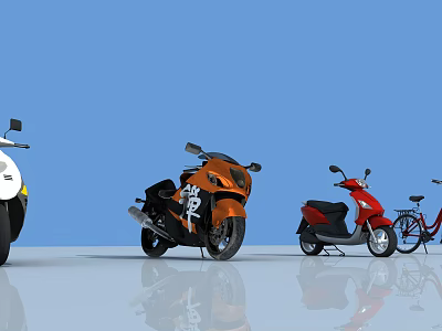 Various Colored Motorcycles Including Orange Sport And Red Scooter On Reflective Floor With Blue Background 3d model