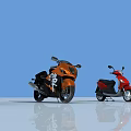 Various Colored Motorcycles Including Orange Sport And Red Scooter On Reflective Floor With Blue Background
