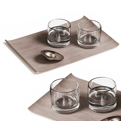 Clear Glass Cups On Wooden Serving Tray With Small Metal Dish For Home Decor 3d model