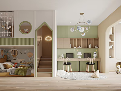 Kids Room Interior With Loft Bed Staircase Green Walls Chandelier Desk Chairs And Round Rug 3d model