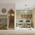 Kids Room Interior With Loft Bed Staircase Green Walls Chandelier Desk Chairs And Round Rug
