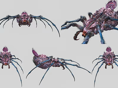 Ornament Decoration Set with Purple Pink Blue Artistic Spider Figurines in Multiple Poses 3d model