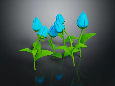 Blue Paper Art Flowers With Green Stems And Leaves On Dark Background 3d model