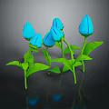 Blue Paper Art Flowers With Green Stems And Leaves On Dark Background