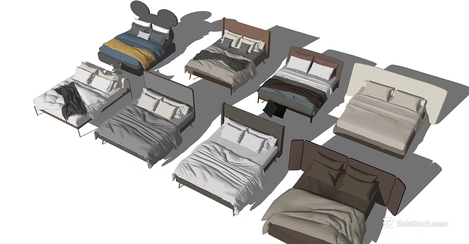 Various Double Bed Designs With Different Headboards And Bedding Colors 3d model
