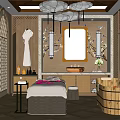 Luxurious SPA Sauna Interior With Wooden Ceiling Lotus Pendant Lights Massage Bed And Wooden Bathtub