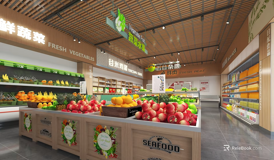Supermarket Fresh Produce Section With Fruits Vegetables And Seafood Counter 3d model 