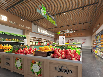 Supermarket Fresh Produce Section With Fruits Vegetables And Seafood Counter 3d model