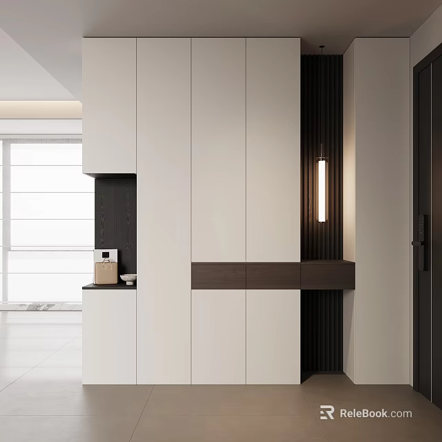 Modern Entryway And Side Cabinet Interior Design With White Dark Panels And Lighting 3d model 