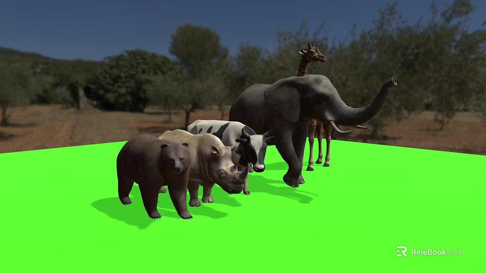 Game and Movie Characters Featuring Elephant Giraffe Bear Rhinoceros Cow 3D Models on Green Background 3d model 