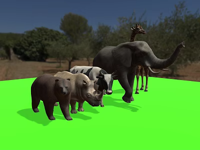 Game and Movie Characters Featuring Elephant Giraffe Bear Rhinoceros Cow 3D Models on Green Background 3d model