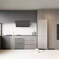 Modern Kitchen Interior Featuring Gray And Light Wood Cabinets With Smooth Countertop 3d model
