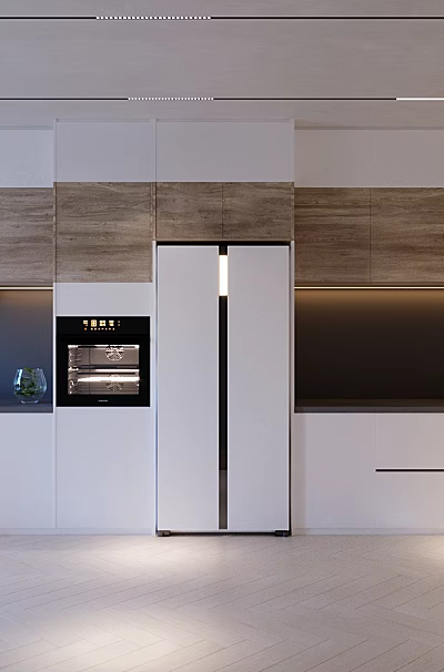 Modern Kitchen Interior With White Cabinets Stainless Steel Appliances And Countertop Design 3d model