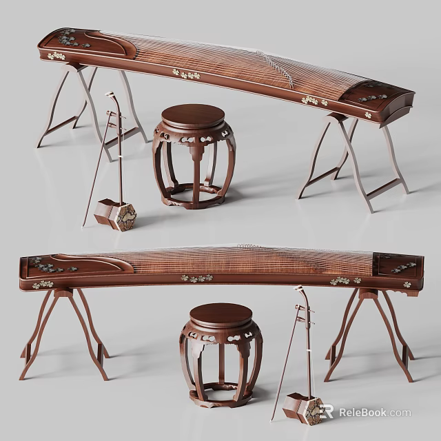 Traditional Chinese Musical Instruments With Guzheng Erhu Wooden Stool And Stand Setup 3d model 
