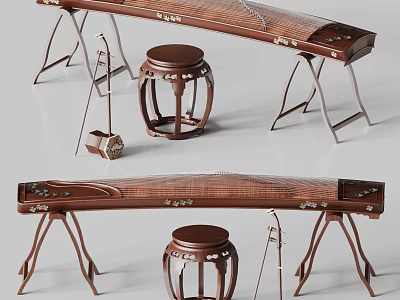 Traditional Chinese Musical Instruments With Guzheng Erhu Wooden Stool And Stand Setup 3d model