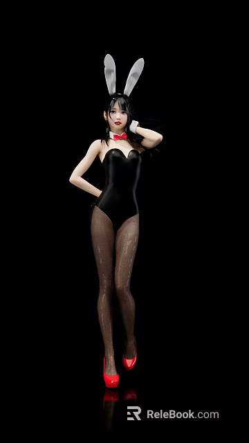 Woman in Black Bodysuit with Red Bow Tie Posing in Fishnet Stockings on Black Background 3d model 