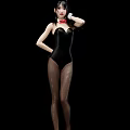 Woman in Black Bodysuit with Red Bow Tie Posing in Fishnet Stockings on Black Background