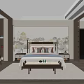 Elegant Traditional Bedroom Interior With Wooden Bed Mountain Wall Art And Area Rug