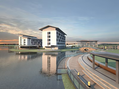 Modern Lakeside School Building With White Exterior Reflective Water And Scenic Walkway 3d model