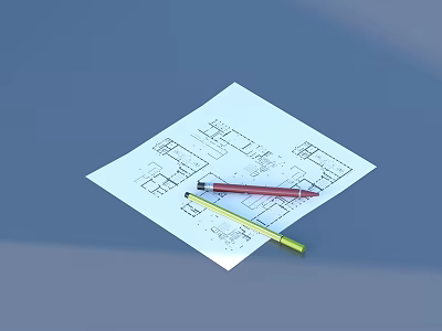 Architectural Blueprint Paper With Red And Yellow Pens For Daily Design 3d model