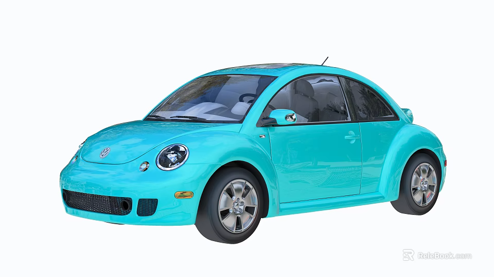 Turquoise Classic Beetle Car With Two Door Body And Stylish Wheels 3d model 