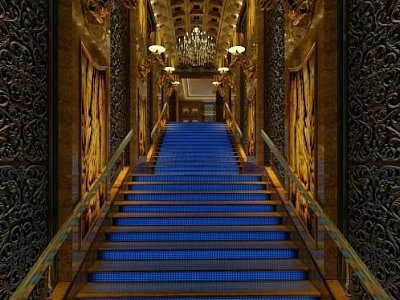 Luxurious KTV Grand Staircase With Blue Steps Ornate Walls And Chandeliers 3d model