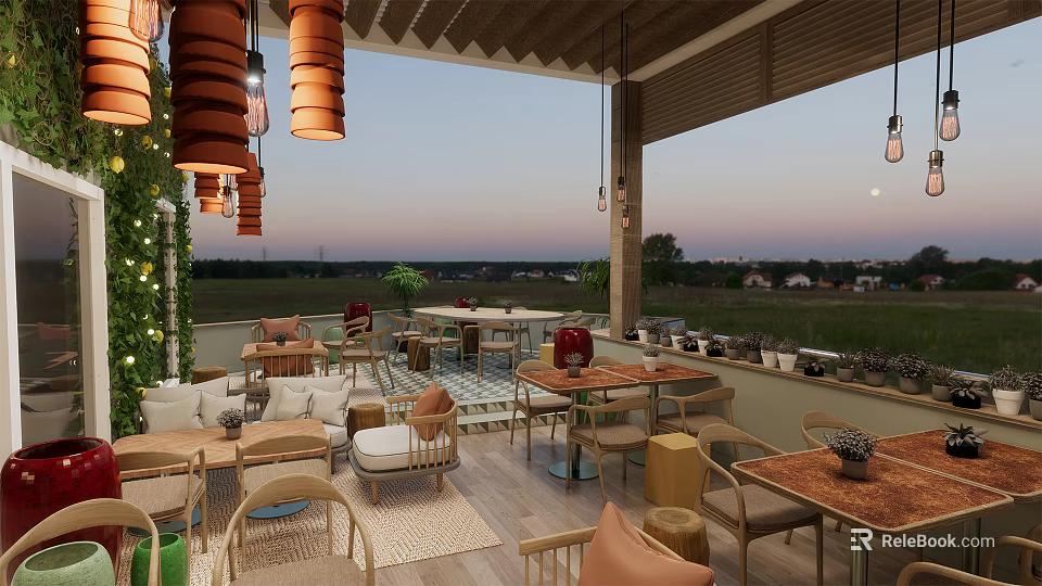 Outdoor Restaurant Terrace With Wooden Tables Chairs Orange Pendant Lights Green Plants Scenic Sunset View 3d model 