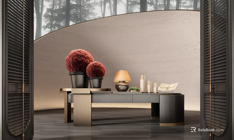 Modern Elegant Console Table Setup With Red Decorative Plants Table Lamp Candles And Books 3d model 