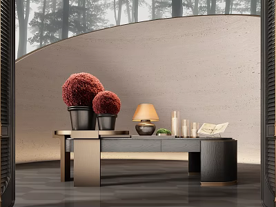 Modern Elegant Console Table Setup With Red Decorative Plants Table Lamp Candles And Books 3d model