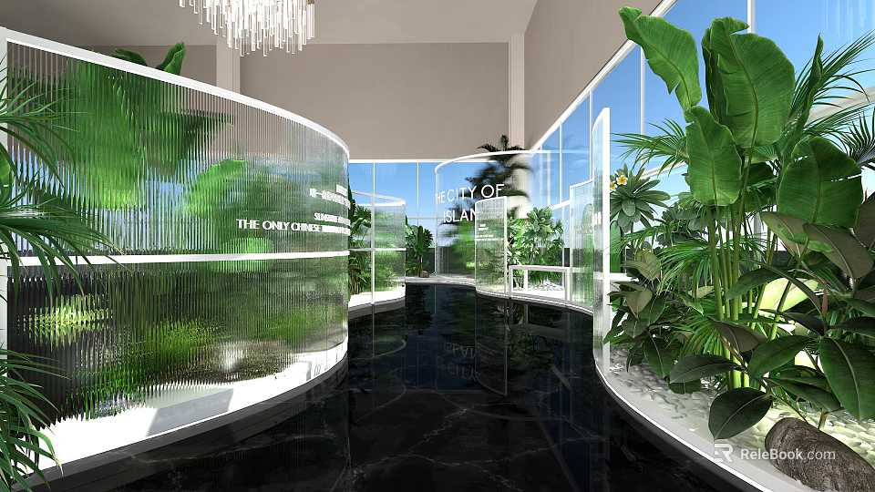 The Onyx Building Modern Interior Featuring Curved Glass Walls Indoor Plants And Black Reflective Floor 3d model 