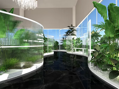 The Onyx Building Modern Interior Featuring Curved Glass Walls Indoor Plants And Black Reflective Floor 3d model