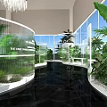 The Onyx Building Modern Interior Featuring Curved Glass Walls Indoor Plants And Black Reflective Floor