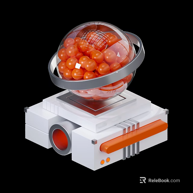 Futuristic Mechanical Device With Transparent Sphere Silver Ring And Orange Balls White Base 3d model