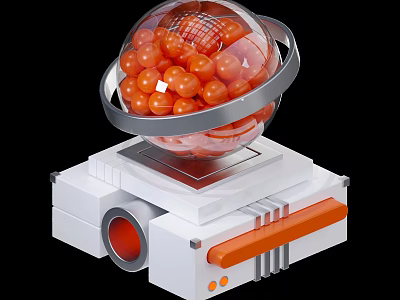 Futuristic Mechanical Device With Transparent Sphere Silver Ring And Orange Balls White Base 3d model