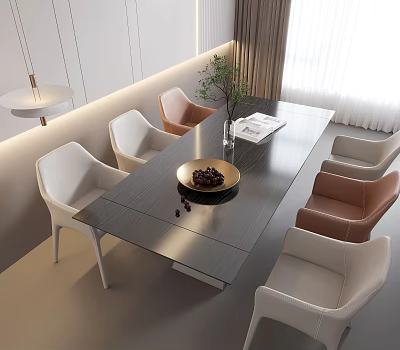 Modern Rectangular Dining Table Set with White and Tan Chairs and Decorative Fruit Bowl on Top 3d model