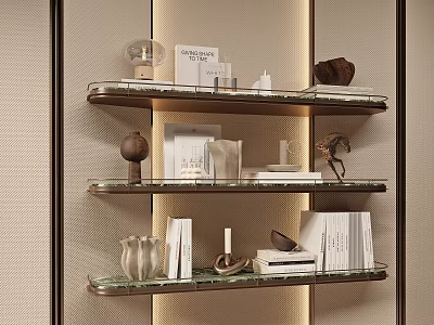 Elegant Decorative Ornament Set Displayed on Tiered Shelves with Books Sculptures Vases and Candle Holders 3d model